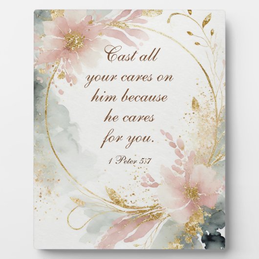 1 Peter 5:7あなたの全てを彼気にの聖句に投げなさい フォトプラーク (正面)