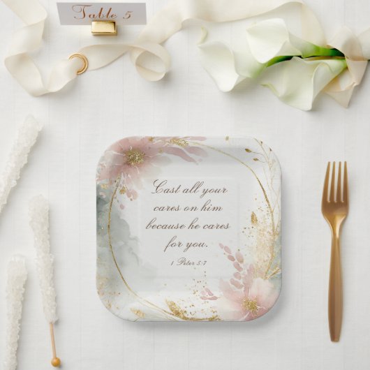 1 Peter 5:7あなたの全てを彼気にの聖句に投げなさい ペーパープレート (ウェディング)