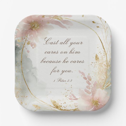 1 Peter 5:7あなたの全てを彼気にの聖句に投げなさい ペーパープレート (正面)