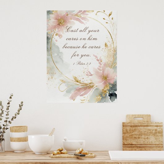 1 Peter 5:7あなたの全てを彼気にの聖句に投げなさい ポスター (キッチン)