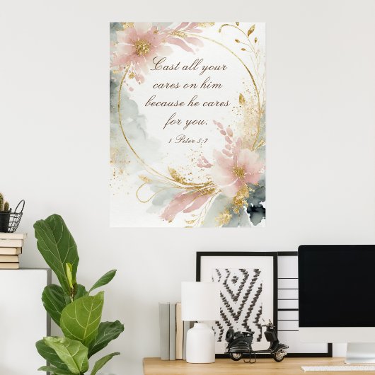 1 Peter 5:7あなたの全てを彼気にの聖句に投げなさい ポスター (ホームオフィス)