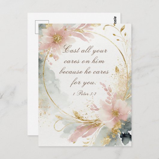 1 Peter 5:7あなたの全てを彼気にの聖句に投げなさい ポストカード (正面/裏面)
