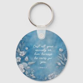 1 Peter 5:7 “Cast All Your Anxiety” Blue Floral キーホルダー