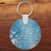 1 Peter 5:7 “Cast All Your Anxiety” Blue Floral キーホルダー (正面)