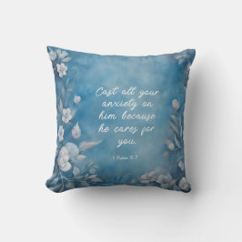 1 Peter 5:7 “Cast All Your Anxiety” Blue Floral クッション