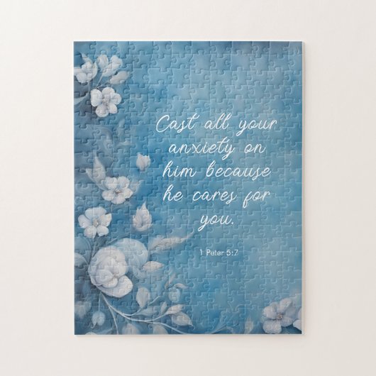 1 Peter 5:7 “Cast All Your Anxiety” Blue Floral ジグソーパズル (縦)
