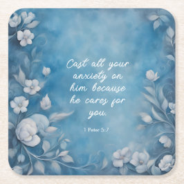 1 Peter 5:7 “Cast All Your Anxiety” Blue Floral スクエアペーパーコースター