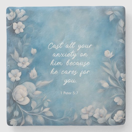 1 Peter 5:7 “Cast All Your Anxiety” Blue Floral ストーンコースター (正面)