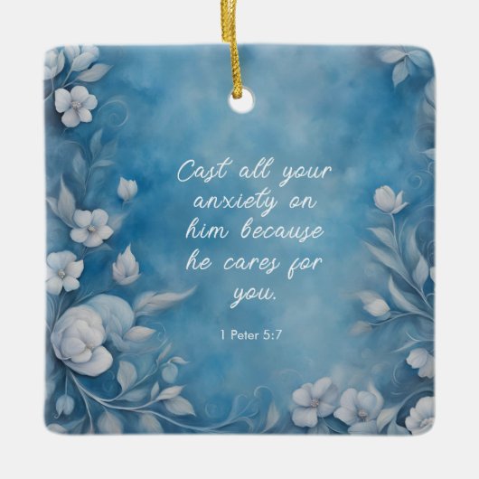 1 Peter 5:7 “Cast All Your Anxiety” Blue Floral セラミックオーナメント (正面)