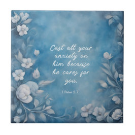 1 Peter 5:7 “Cast All Your Anxiety” Blue Floral タイル