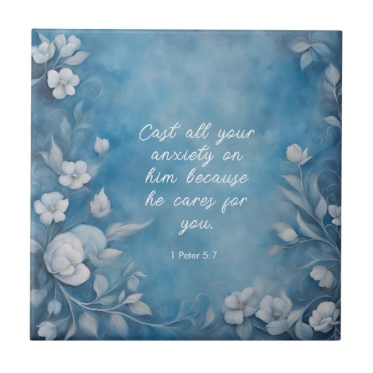 1 Peter 5:7 “Cast All Your Anxiety” Blue Floral タイル (正面)