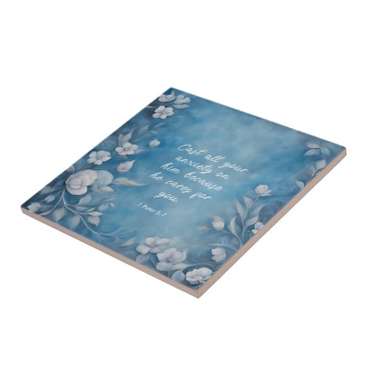 1 Peter 5:7 “Cast All Your Anxiety” Blue Floral タイル (側面)