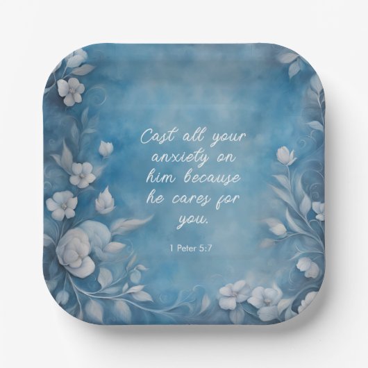 1 Peter 5:7 “Cast All Your Anxiety” Blue Floral ペーパープレート (正面)