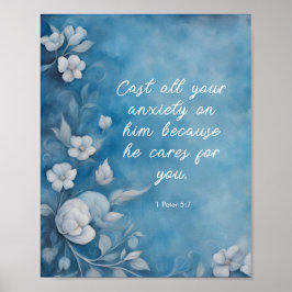 1 Peter 5:7 “Cast All Your Anxiety” Blue Floral ポスター