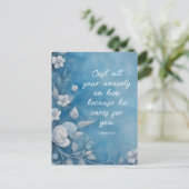 1 Peter 5:7 “Cast All Your Anxiety” Blue Floral ポストカード (スタンド正面)