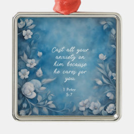 1 Peter 5:7 “Cast All Your Anxiety” Blue Floral メタルオーナメント