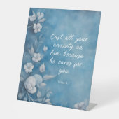 1 Peter 5:7 “Cast All Your Anxiety” Blue Floral 台座サイン (正面)