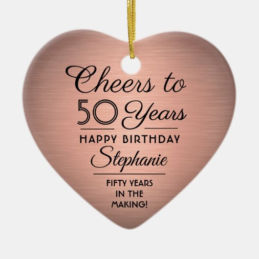 1 PHOTO任意の誕生日ブラシ付きピンクローズ金ゴールドハート セラミックオーナメント (正面)