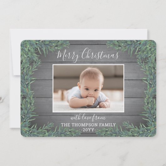 1 Photo Any文字モダンファームハウスグリーン&ウッド シーズンカード (正面)