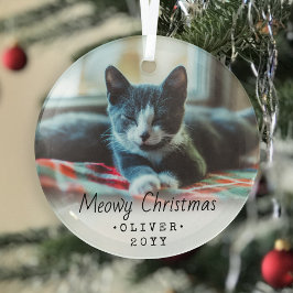 1 Photo Any文字Meowy Christmas Cat シンプルScript ガラスオーナメント