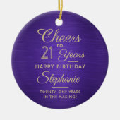 1 PHOTO ANY誕生日ブラシ付き紫と金ゴールドラウンド セラミックオーナメント (正面)