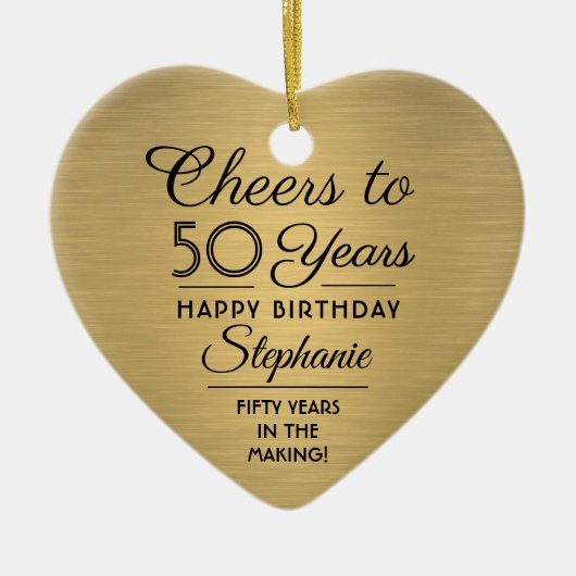 1 Photo Any Year誕生日ブラシ付きフェイク金ゴールドハート セラミックオーナメント (正面)
