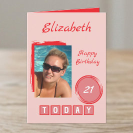 1 photo name red pink 21st birthday カード
