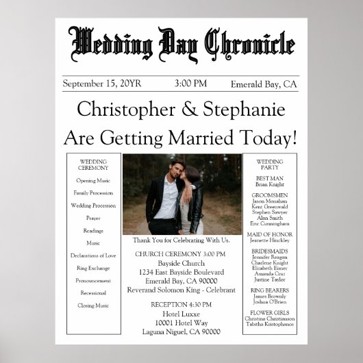 1 Photo QR Code Elegant Newspaper Wedding Program ポスター (正面)