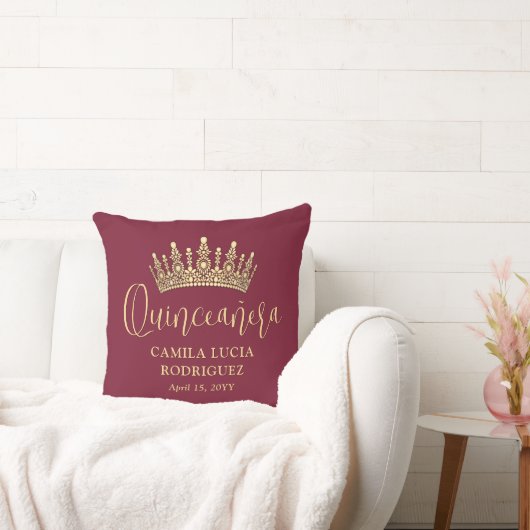 1 Photo Quinceañera Crown Burgundy & Gold Keepsake クッション (ソファ)