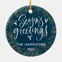 1-Photo Season's Greetings Navy Blue両面 セラミックオーナメント