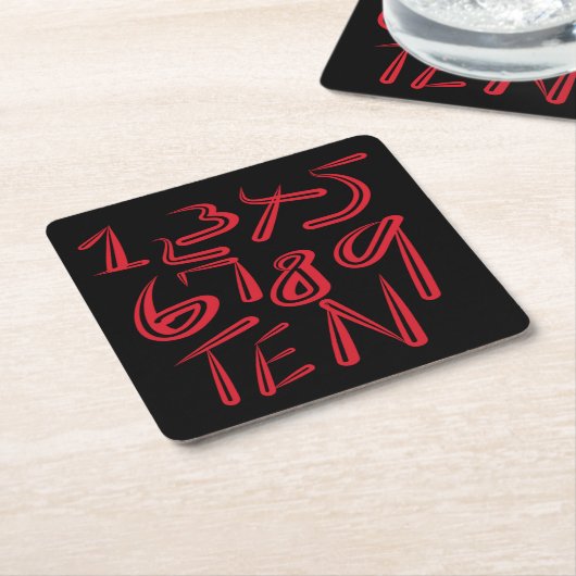 1 Thru Ten Typography In Red On Black Pattern スクエアペーパーコースター (アングル)