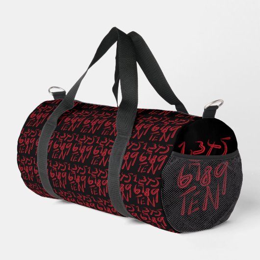 1 Thru Ten Typography In Red On Black Pattern ダッフルバッグ (右コーナー)