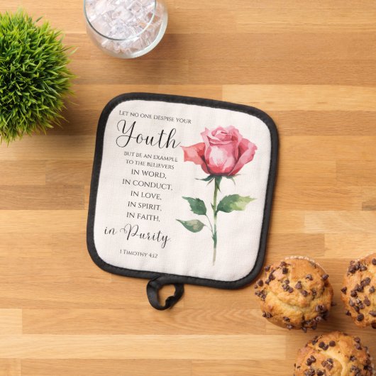 1 Timothy 4:12 – ユース・バイブル・バース・フラワー 鍋敷き (トップダウン)