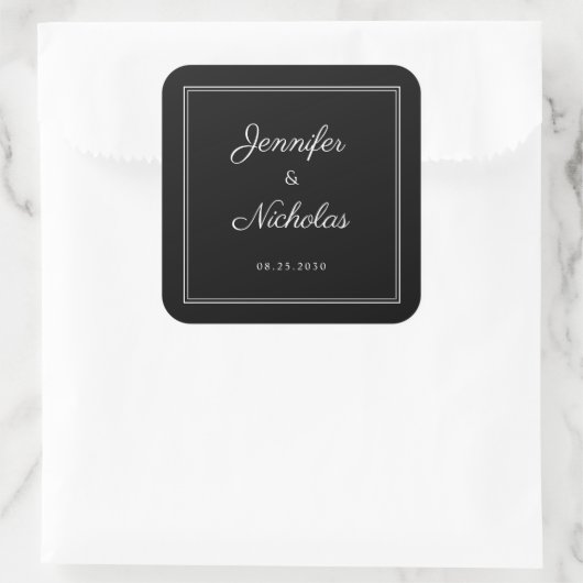 1Elegant Black And White Script Wedding スクエアシール (バッグ)