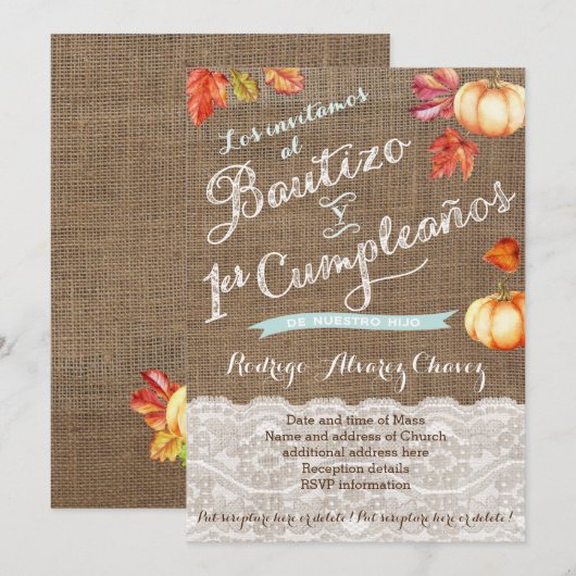 1er cumple y Bautizo, invitaciones calabazas 招待状 (正面/裏面)