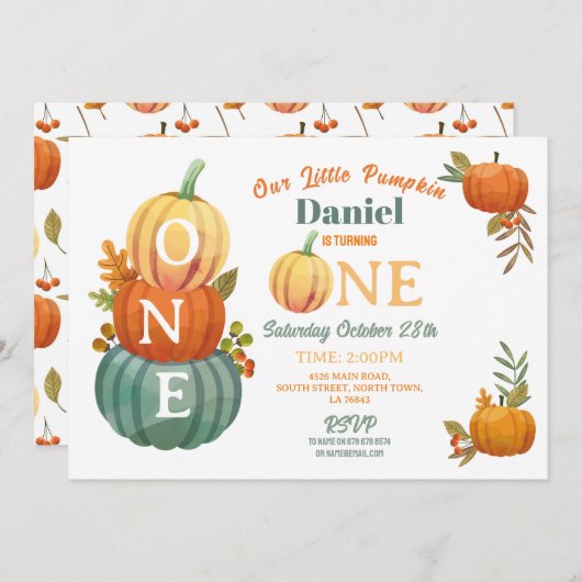 1stカボチャ誕生日ハーベストパーティーボーイズブルー 招待状 (正面/裏面)