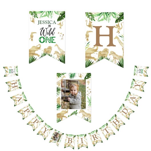 1stガールボーイサファリワンワイルド誕生日写真 バンティングフラッグ