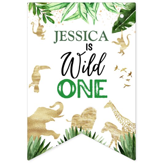 1stガールボーイサファリワンワイルド誕生日写真 バンティングフラッグ (第1の旗)