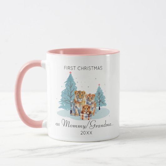 1stクリスマスとして母おばあちゃん叔母の水色ライオン マグカップ (左)