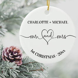 1stクリスマスの新婚の名前ハート白 セラミックオーナメント