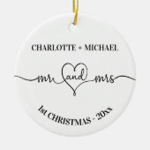 1stクリスマスの新婚の名前ハート白 セラミックオーナメント (正面)