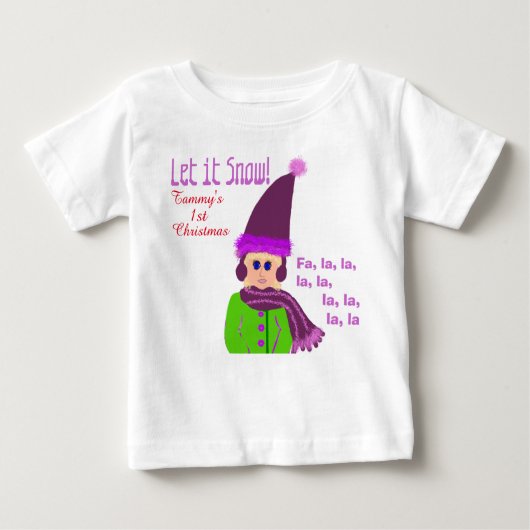 1stクリスマスガール パープルハット Let it Snow ベビーTシャツ (正面)