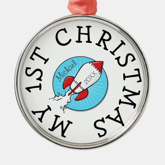 1stクリスマスキッズレトロロッケシップ家族ギフト メタルオーナメント (正面)