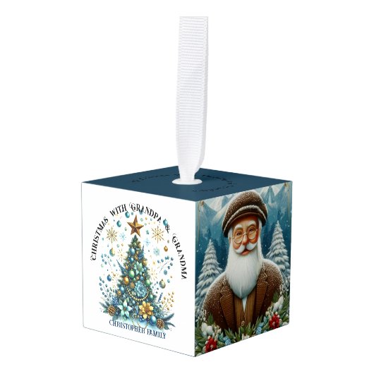 1stクリスマスグランドパ祖母4フォトファミリー名 キューブオーナメント (正面アングル)