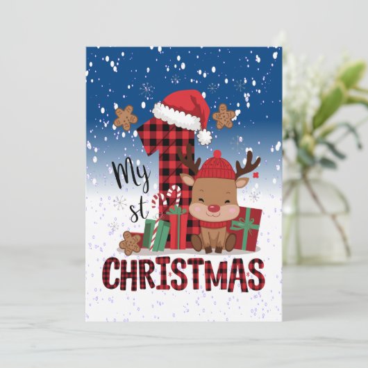 1stクリスマスサンタハットホワイトスノーベビートナカイ シーズンカード (スタンド正面)