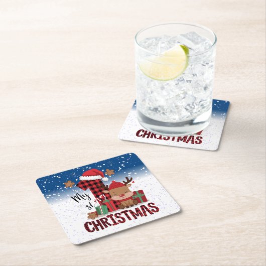 1stクリスマスサンタハットホワイトスノーベビートナカイ スクエアペーパーコースター (インサイチュ)