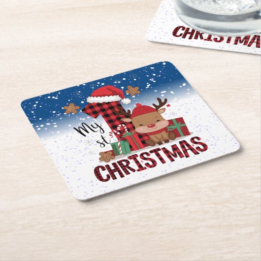 1stクリスマスサンタハットホワイトスノーベビートナカイ スクエアペーパーコースター (アングル)