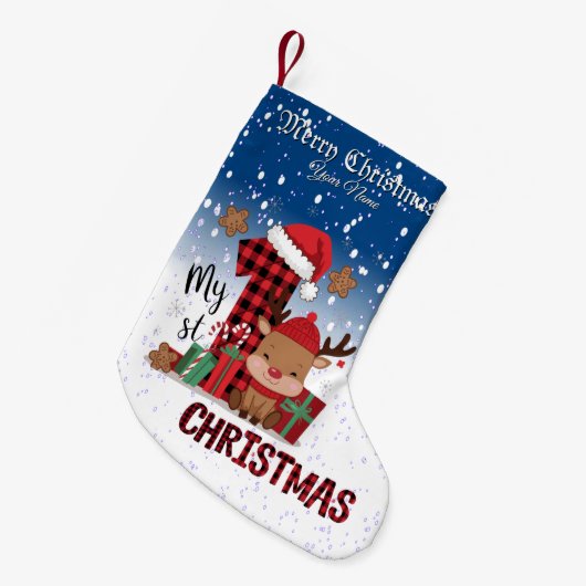 1stクリスマスサンタハットホワイトスノーベビートナカイ スモールクリスマスストッキング (正面 (吊り時))