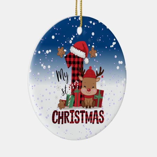 1stクリスマスサンタハットホワイトスノーベビートナカイ セラミックオーナメント (右)