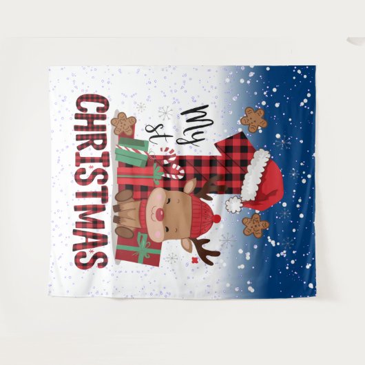 1stクリスマスサンタハットホワイトスノーベビートナカイ タペストリー (正面(横))